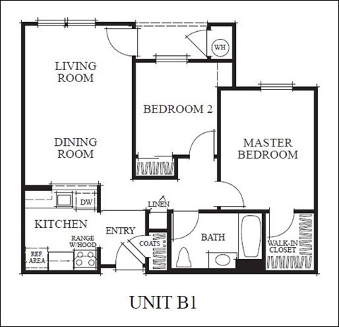 Floor plan for 2 beds, 1 bath, 830 sqft